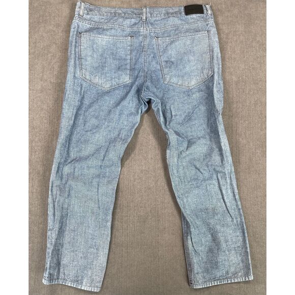Moto Biker Jeans Mens 44‎ BluebLight Wash Straight Leg Distressed Stitch Detail - Picture 9 of 11